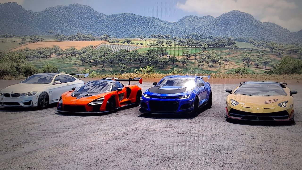 Forza Horizon 5 drag race Lamborghini aventador SVJ Vs Hennessey Exocist Vs McLaren Senna Vs BMW M4 
