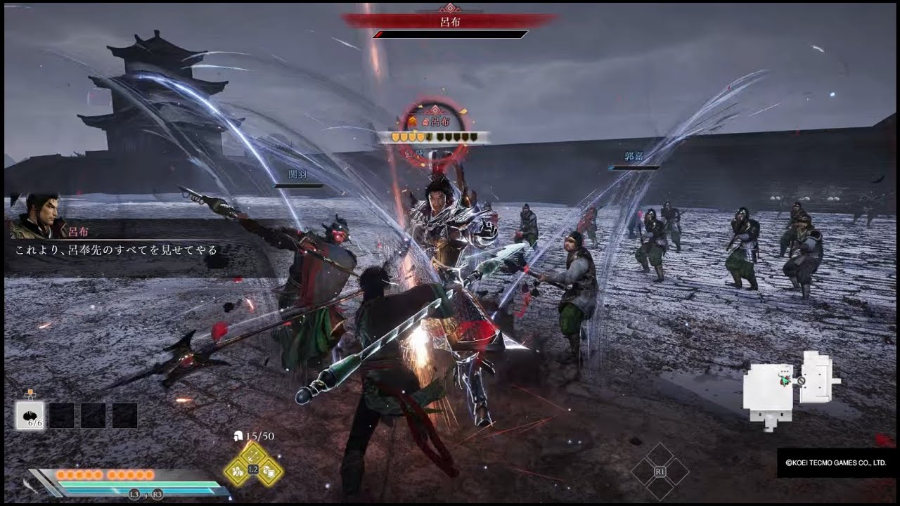 真・三國無双 ORIGINS 無双に挑む者 下邳の戦い45 偃月刀 VS 呂布 ノーダメージ No damage 無双乱舞禁止武神覚醒禁止 武芸禁止 関羽張飛夏侯惇郭嘉護衛兵7人存活