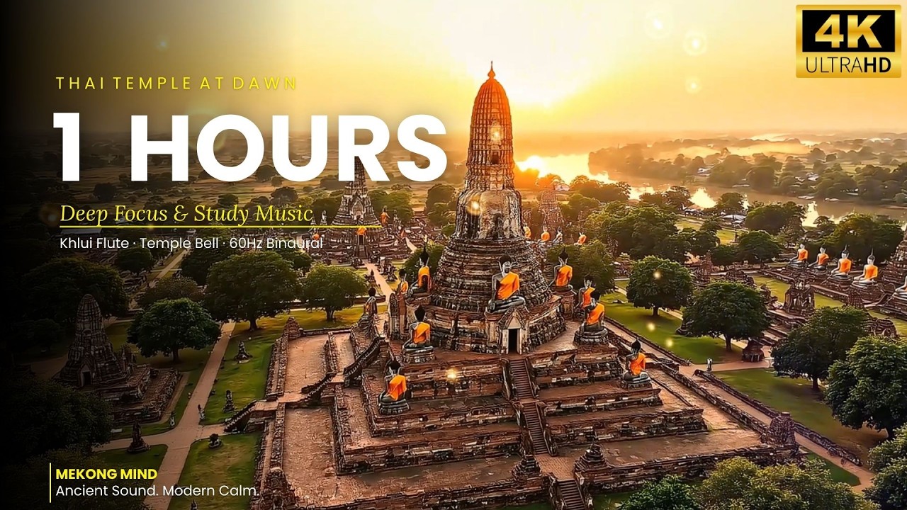 Thai Temple at Dawn | Khlui Flute Ambient Music | 1 Hours Deep Focus & Study 4K