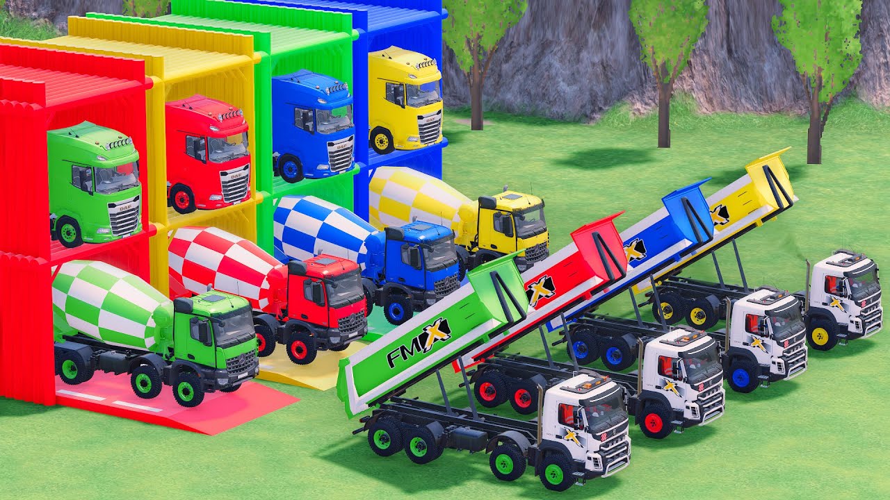Trucks With COLORS - MERCEDES MIXER TRUCK and VOLVO DUMP TRUCK with FLATBED TRAILER TRUCK - FS22