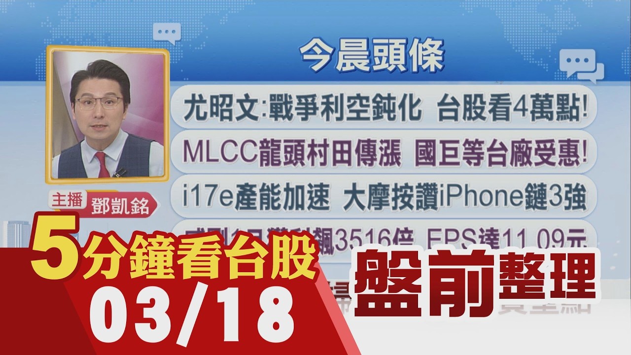 油價走高影響Fed利率決策!輝達秀新晶片 鴻海等台鏈可望吃補!MLCC龍頭村田傳漲 國巨等台廠受惠!中東衝突成本揚 中鋼新盤價看漲千元｜主播鄧凱銘｜【5分鐘看台股】20260318｜非凡財經新聞