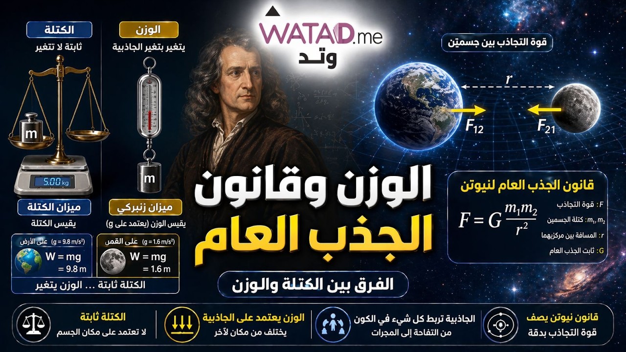 الفيزياء - الفصل الثاني - العاشر - الوزن وقانون الجذب العام - تسارع الجاذبية