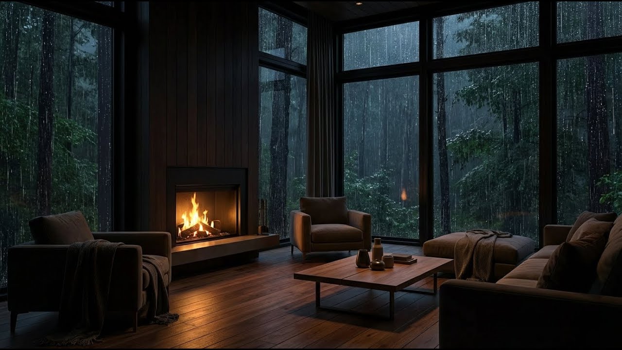 Soul Soothing | Felt Piano Rain in Modern Rustic Cabin with Fireplace | Sleep Tonight Well 💤🌙