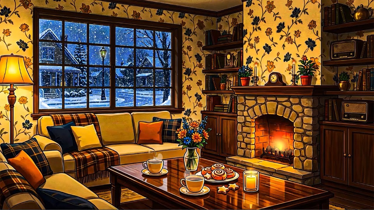Vintage Room on A Snowy Night ✨ Golden Retro Jazz Playing in Another Room for Relaxation, Unwind