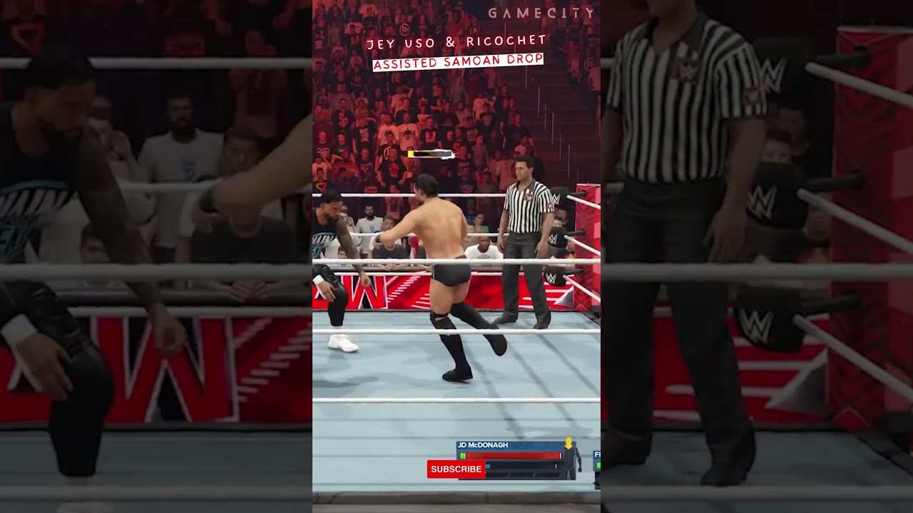 Jey Uso & Ricochet hits the Assisted Samoan Drop on JD McDonagh #wwe2k24