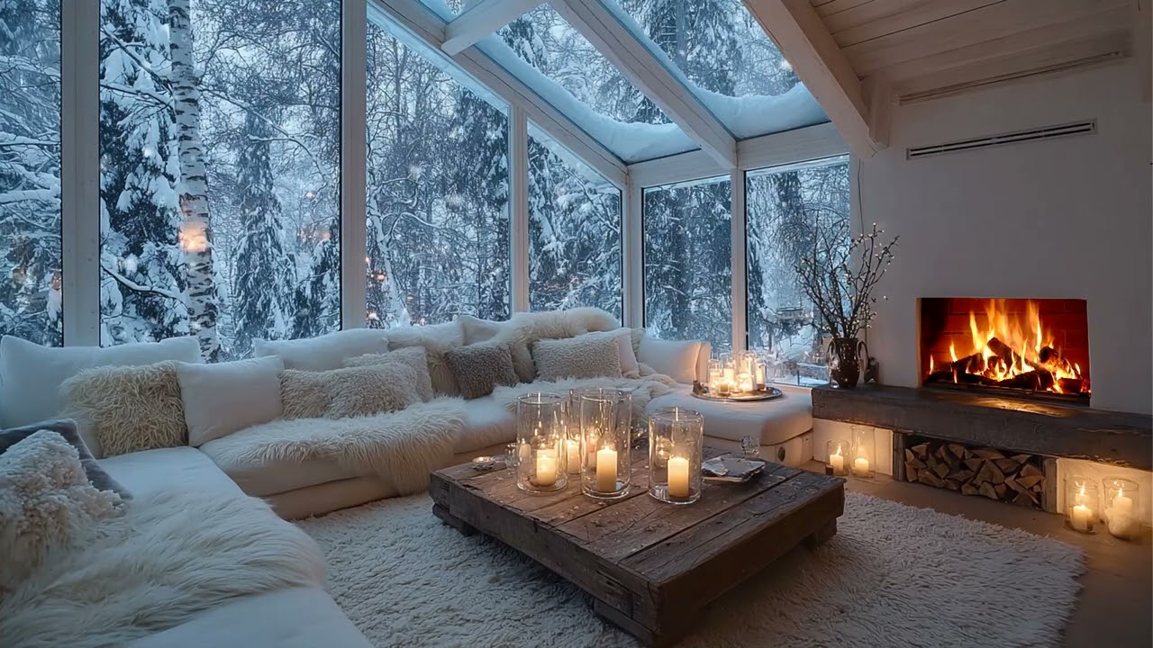 White Winter Piano Lounge with Gentle Fire and Blooming Flowers for 3 Hours of Calm