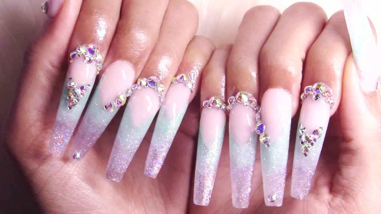 Teal Ombré Glitter French Coffin Sculpted Acrylic Full Set