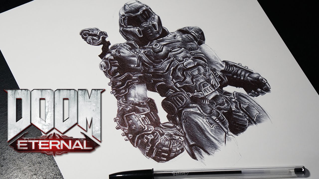 THE DOOM SLAYER - Ballpoint Pen Drawing / Doom Eternal