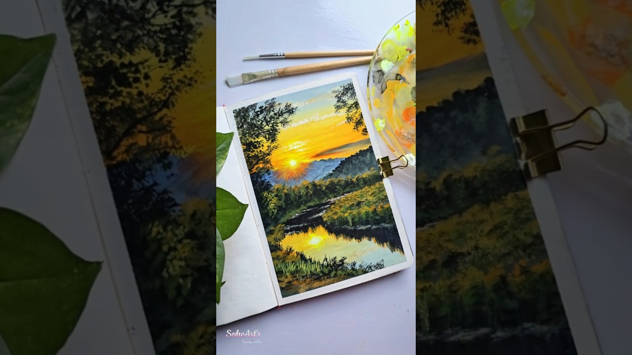 Golden hour sunset gouache painting tutorial💛 #gouache #tutorial #painting #sunset #landscape