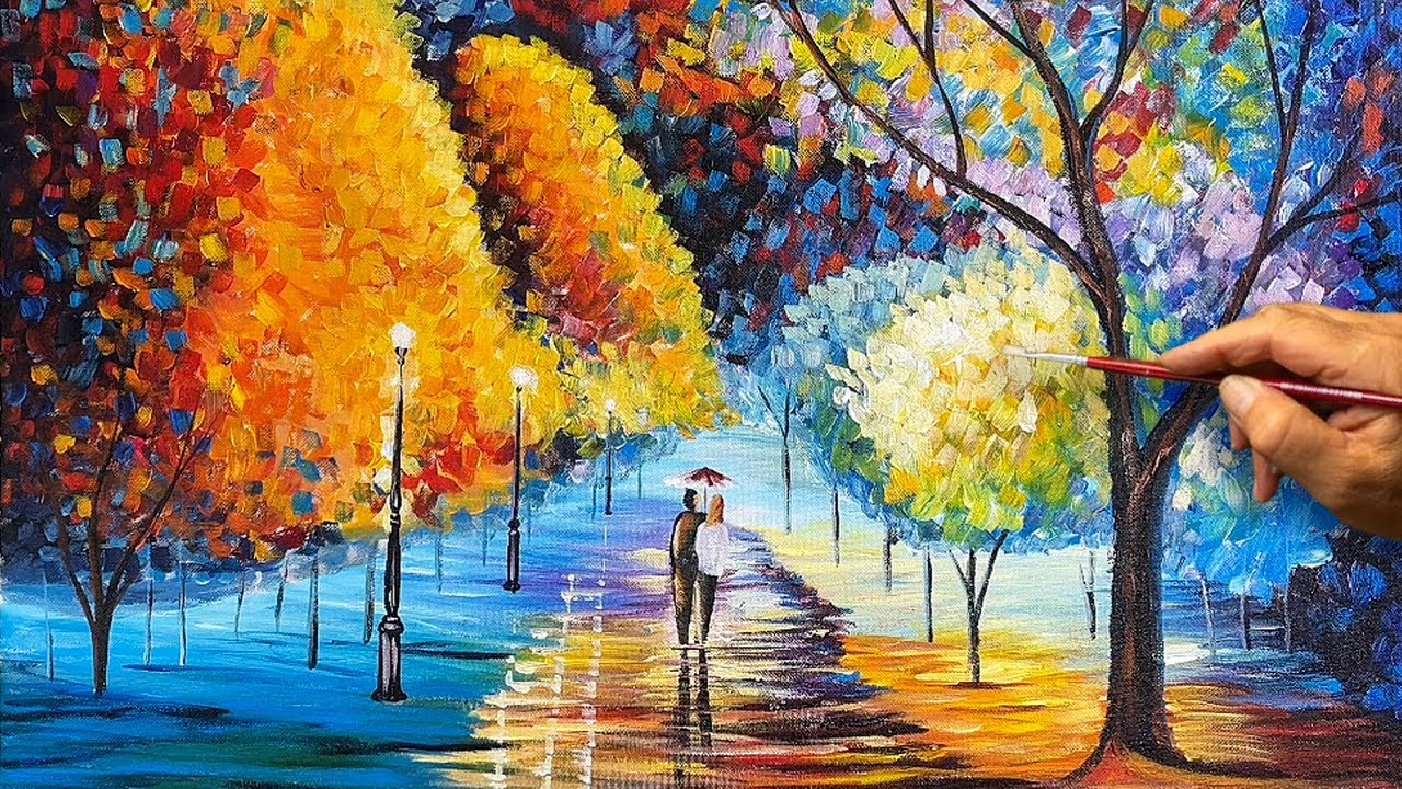 How to Paint a Colorful Autumn Park at Night | Acrylic Landscape Painting Tutorial