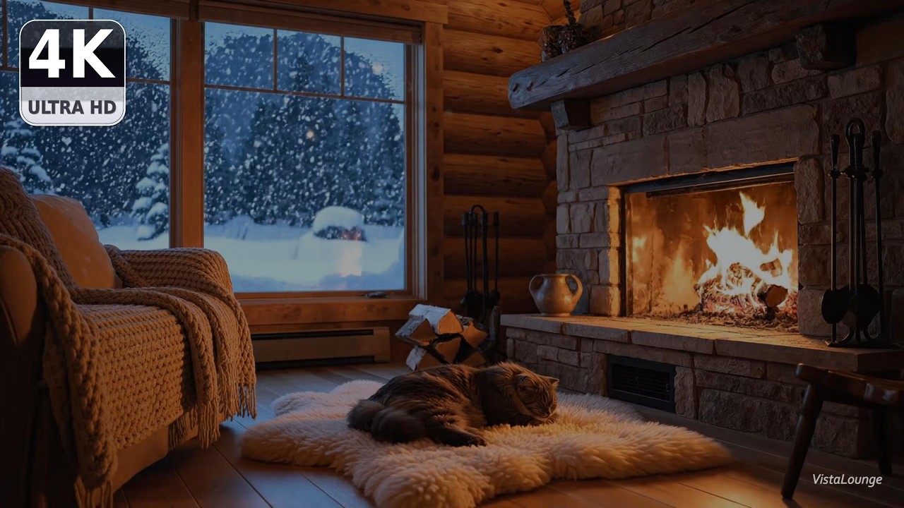 Chimenea de cabaña invernal en 4K con nevada + gato durmiendo | Ambiente de sueño de 3 horas