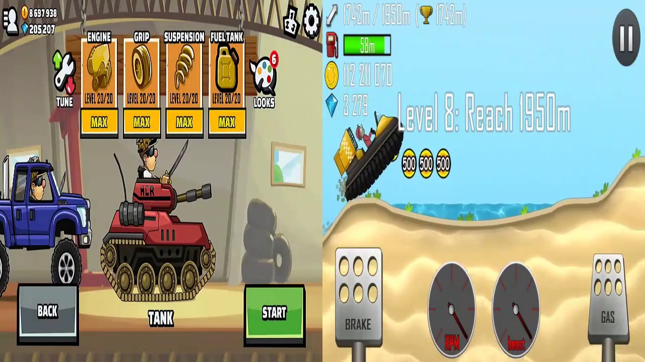 Hill Climb Racing 2 vs Hill Climb Racing - Tank vs Hovercraft # Full Upg # Unlimite Coins and Gems