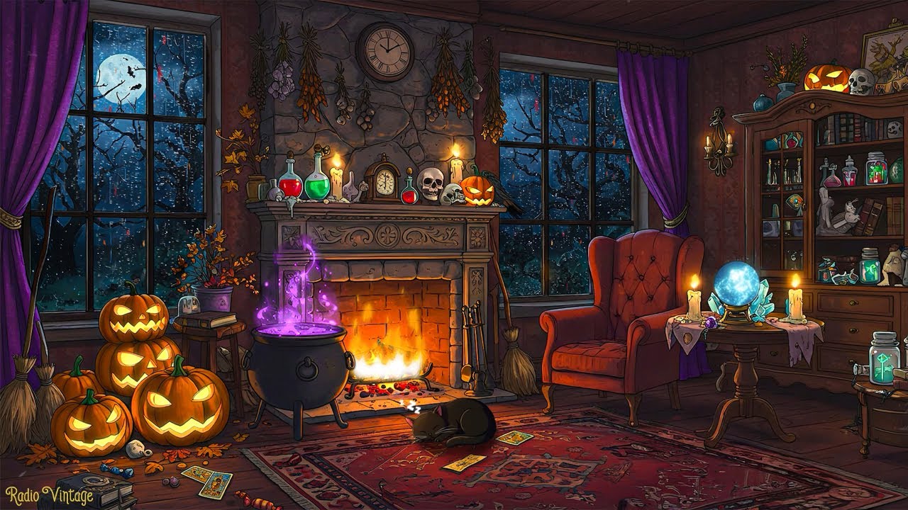 halloween ambience with fireplace, rain sound for relaxation | 1950s oldies playing in another room