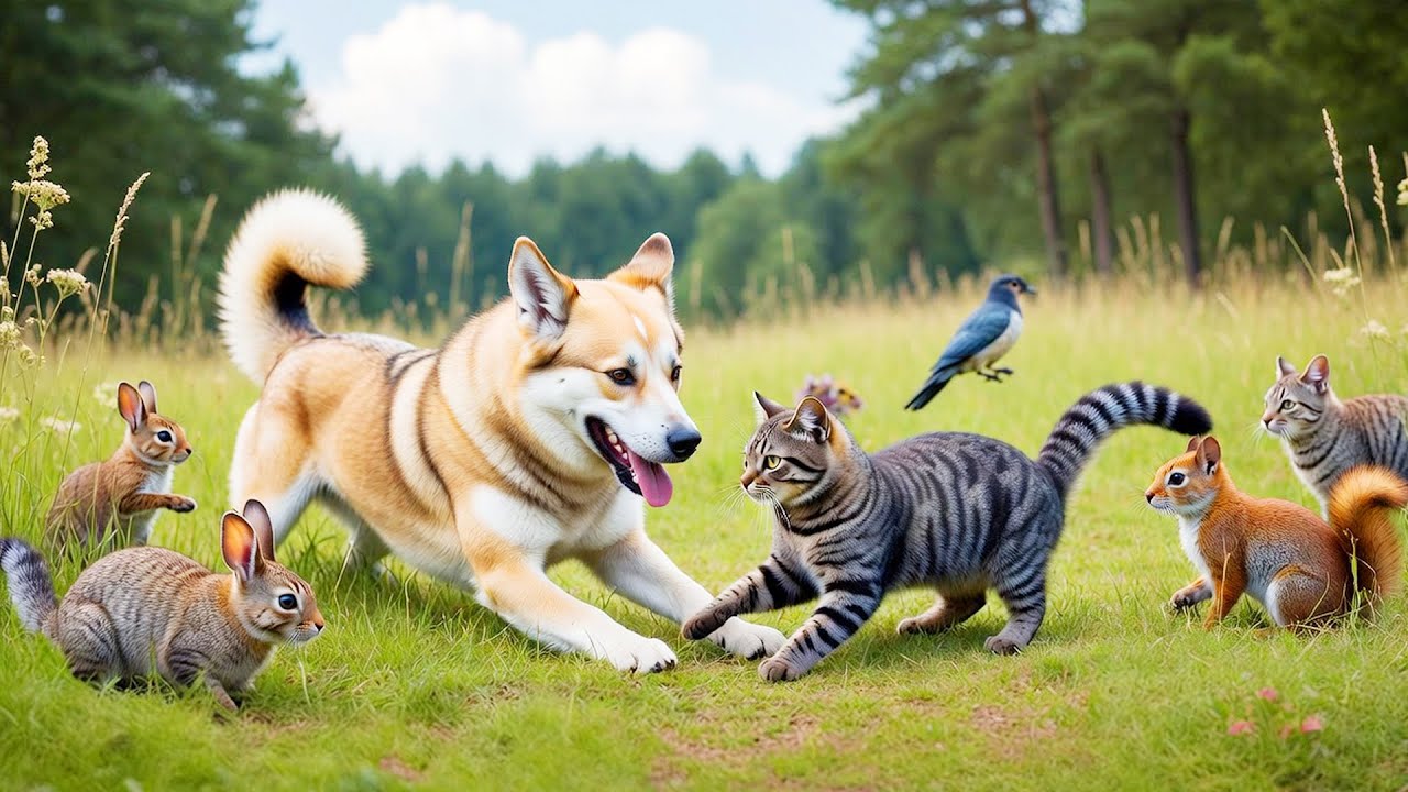Cute Dog and Cat Playing Together Various Species on Beautiful Green Grass | Cats and Dogs Video