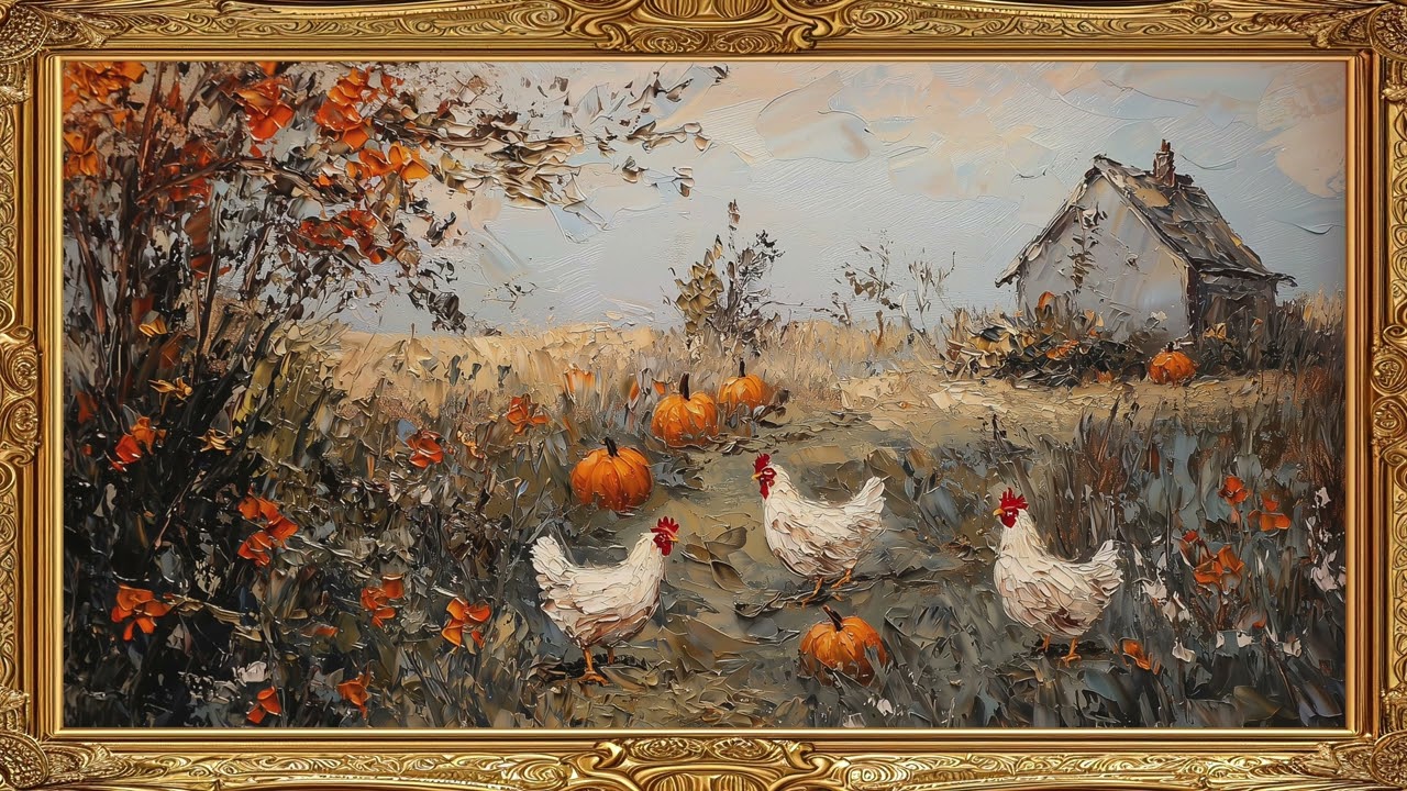 Fall Chicken Frame TV Art Pumpkin Patch Screensaver Framed 4K Wallpaper Rustic Farmhouse Slideshow