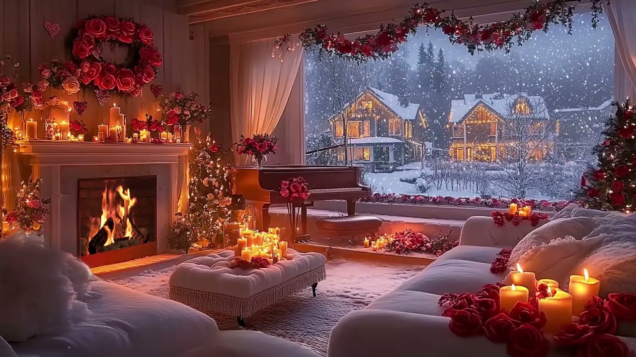 Rose-Lit Winter Evening by the Piano, Crackling Fireplace & Falling Snow ASMR for Deep Sleep