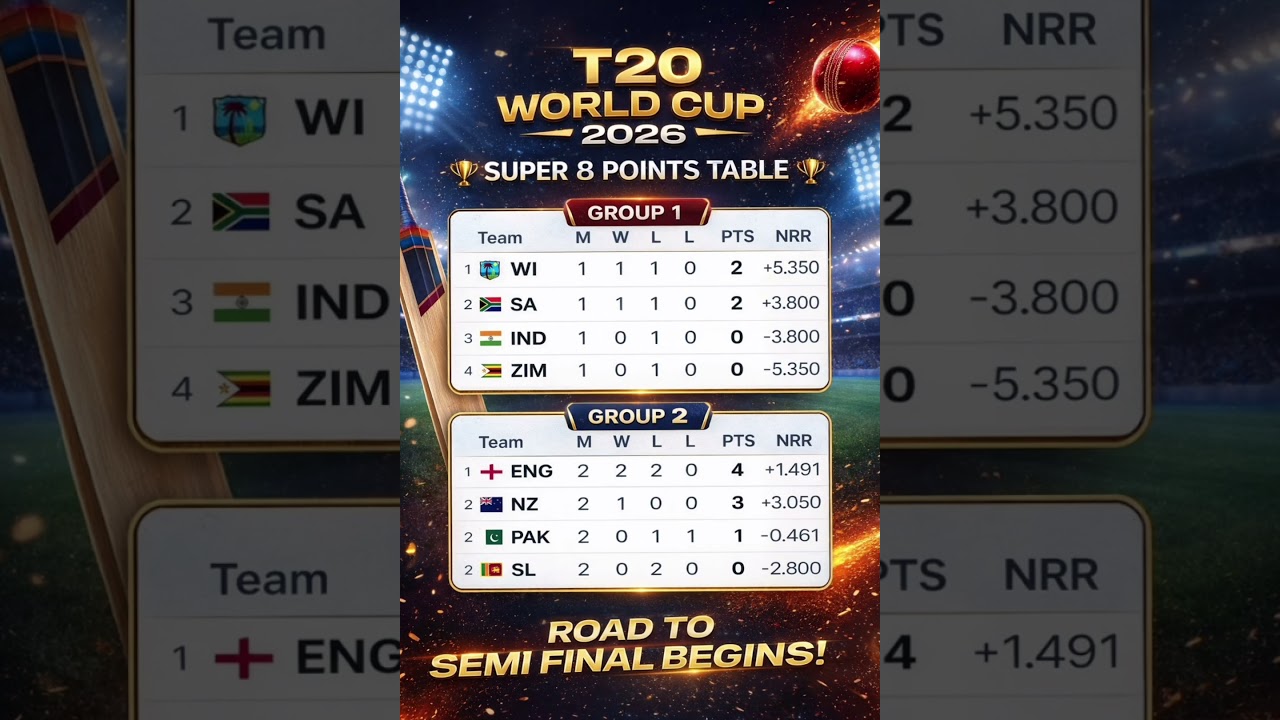 LatestT20 World Cup 2026 Super 8 Points Table | Latest Standings Update 🏆