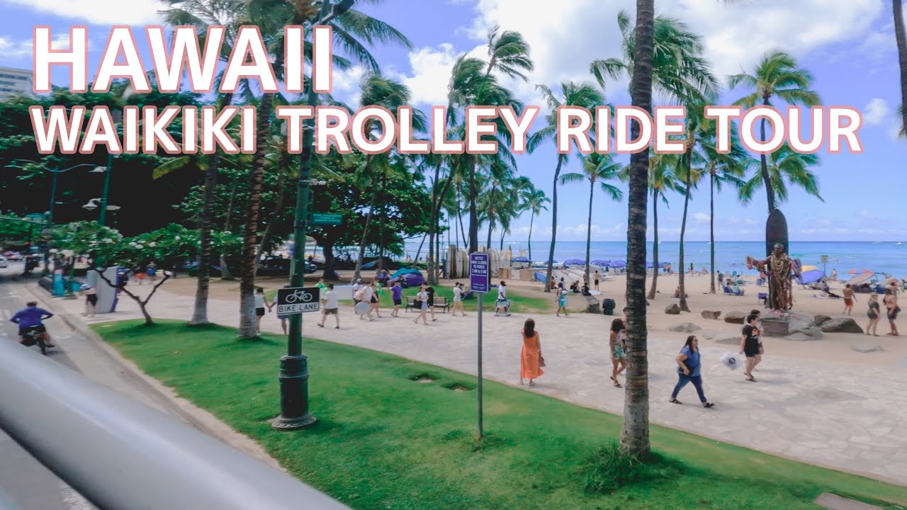 Waikiki Trolley Ride on the Pink line from Waikiki shopping center to Ala Moana shopping center.
