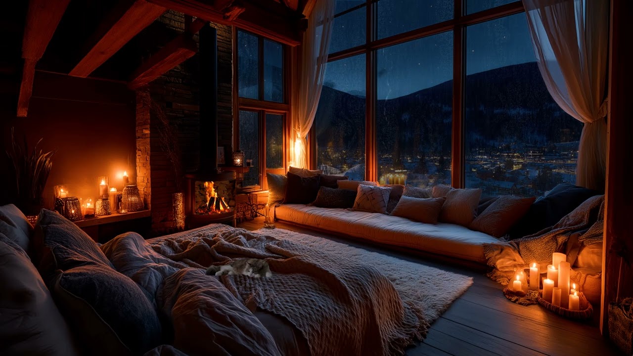 ⛈️🔥 Rainy Night in a Mountain Bedroom | Fireplace & Peaceful Pets