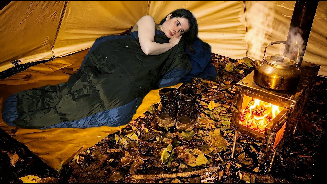 Solo Girl Hot Tent Camping in Heavy Rain All Night| Foraging Mushrooms & Cozy Wood Stove