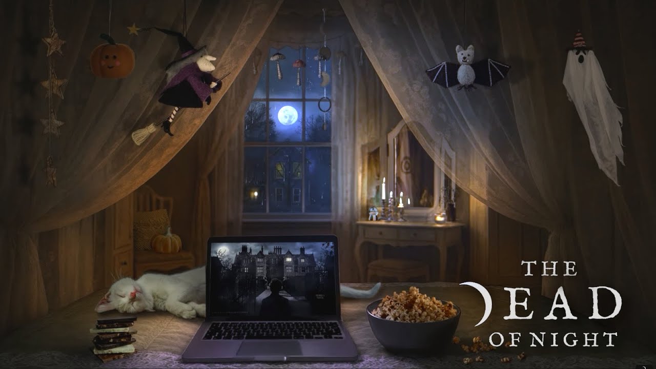 Movie Night Bed Canopy Ambience 🍂👻📺 | Cozy Evening w/ Spooky YT & Popcorn | Rain on Window & Thunder
