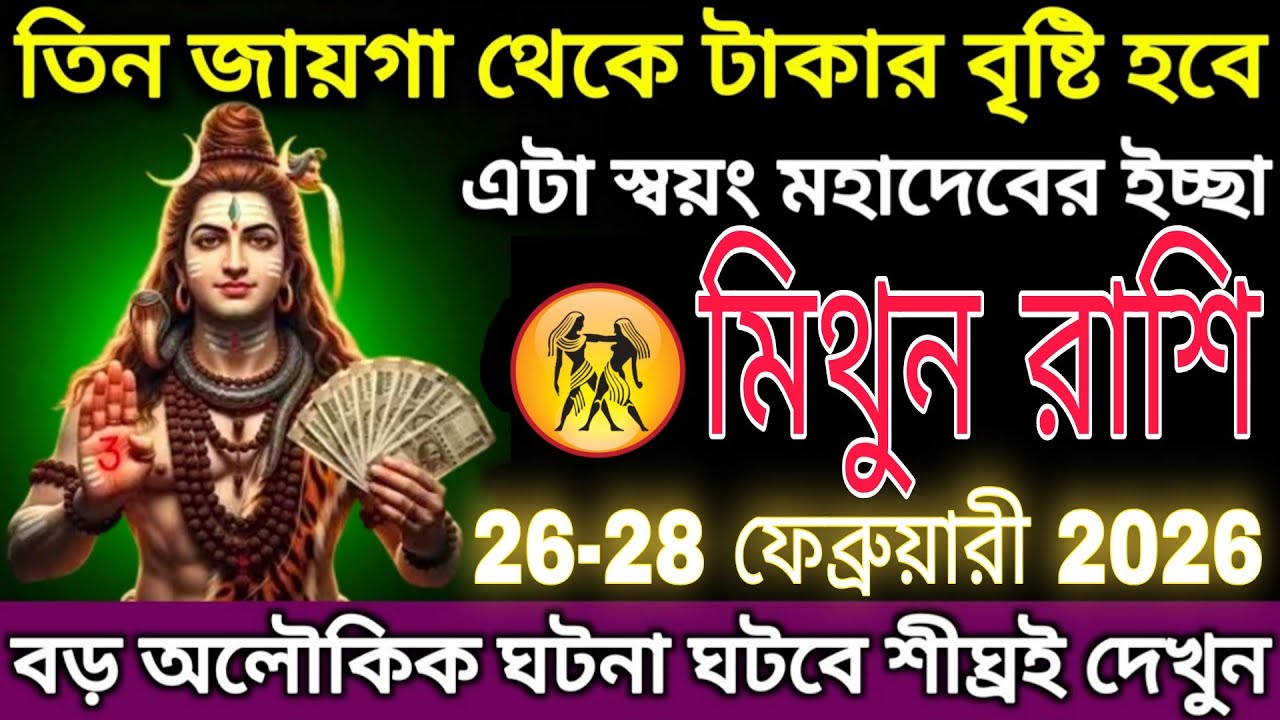 মিথুন রাশি ২৬-২৮ ফেব্রুয়ারি ২০২৬: তিন দিক থেকে টাকার বৃষ্টি, মহাদেবের কৃপা! #mithun 