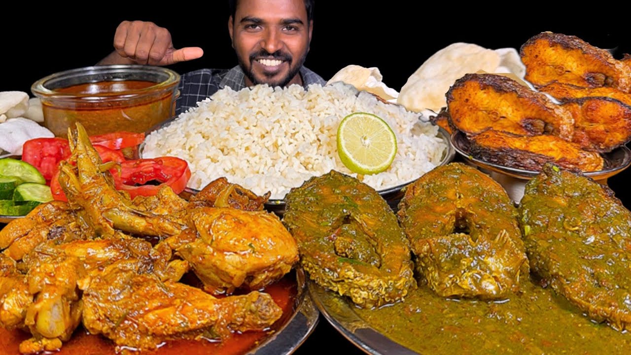 Eating Hariyali Fish Curry with Rohu Fish Fry | Chicken Curry, Rice, Salad & Papad Mukbang 