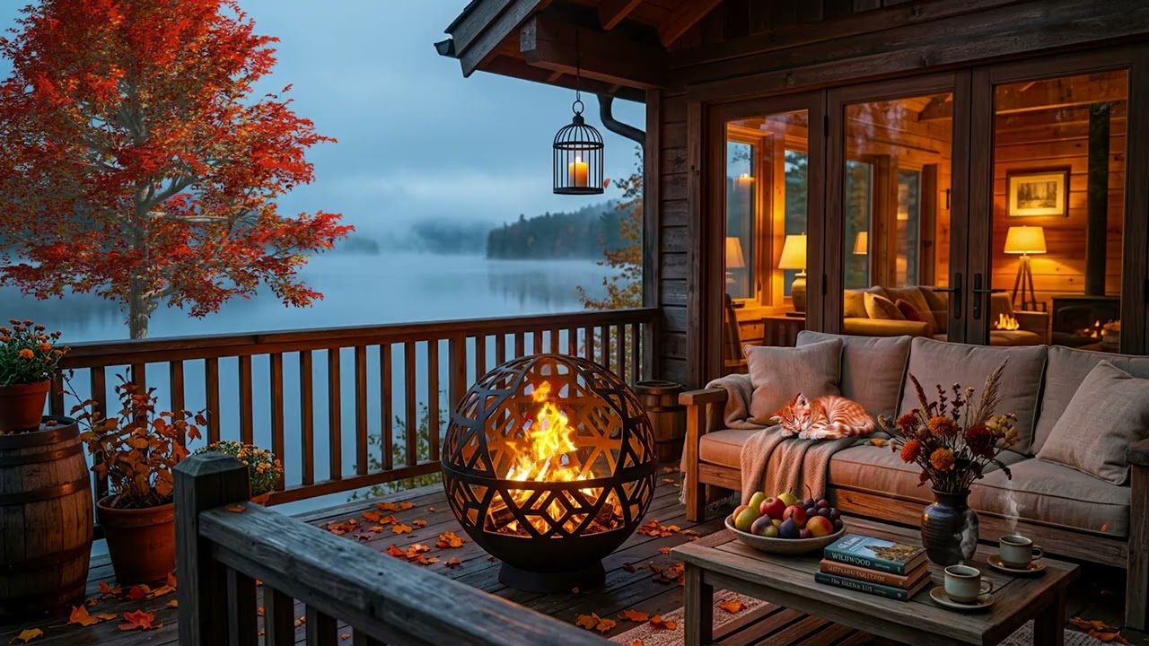Cozy Autumn Lakeside Terrace | Crackling Fireplace & Gentle Lake Waves | 8 Hours Relaxing Ambience