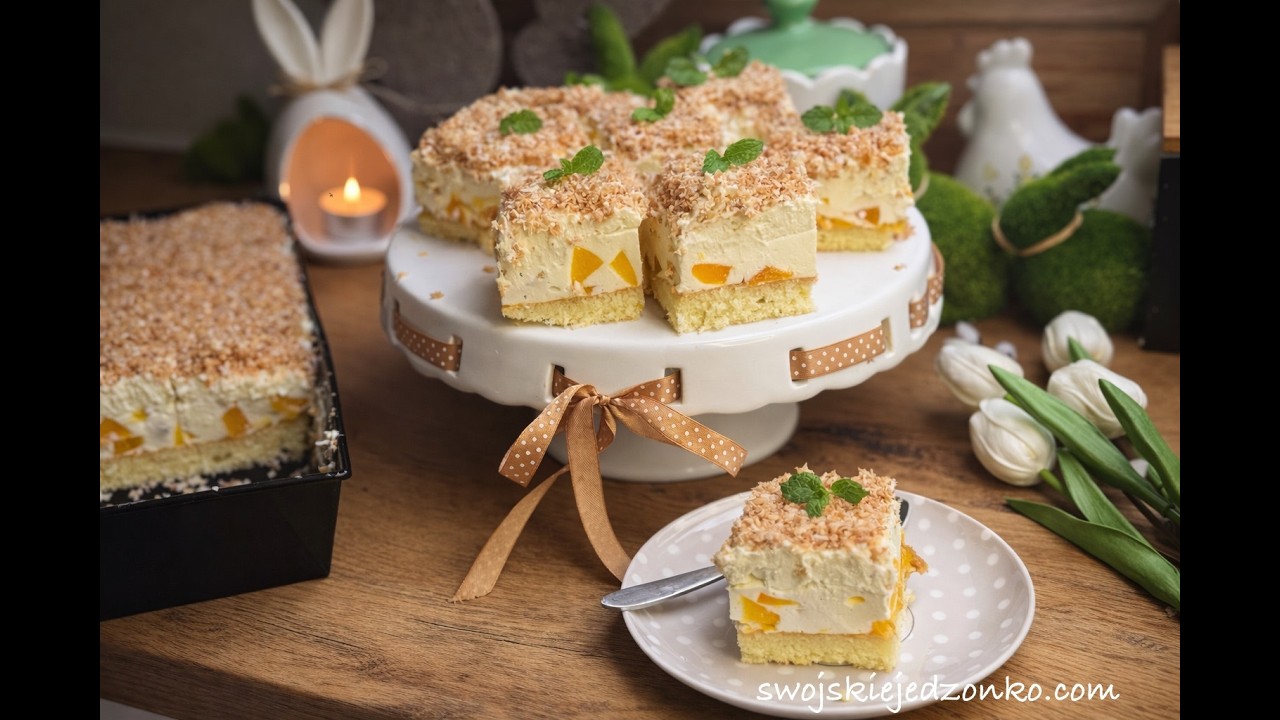 Ciasto Biała Dama z brzoskwiniami i kokosową kruszonką #ciastodomowe #pyszneciasto #nadeser