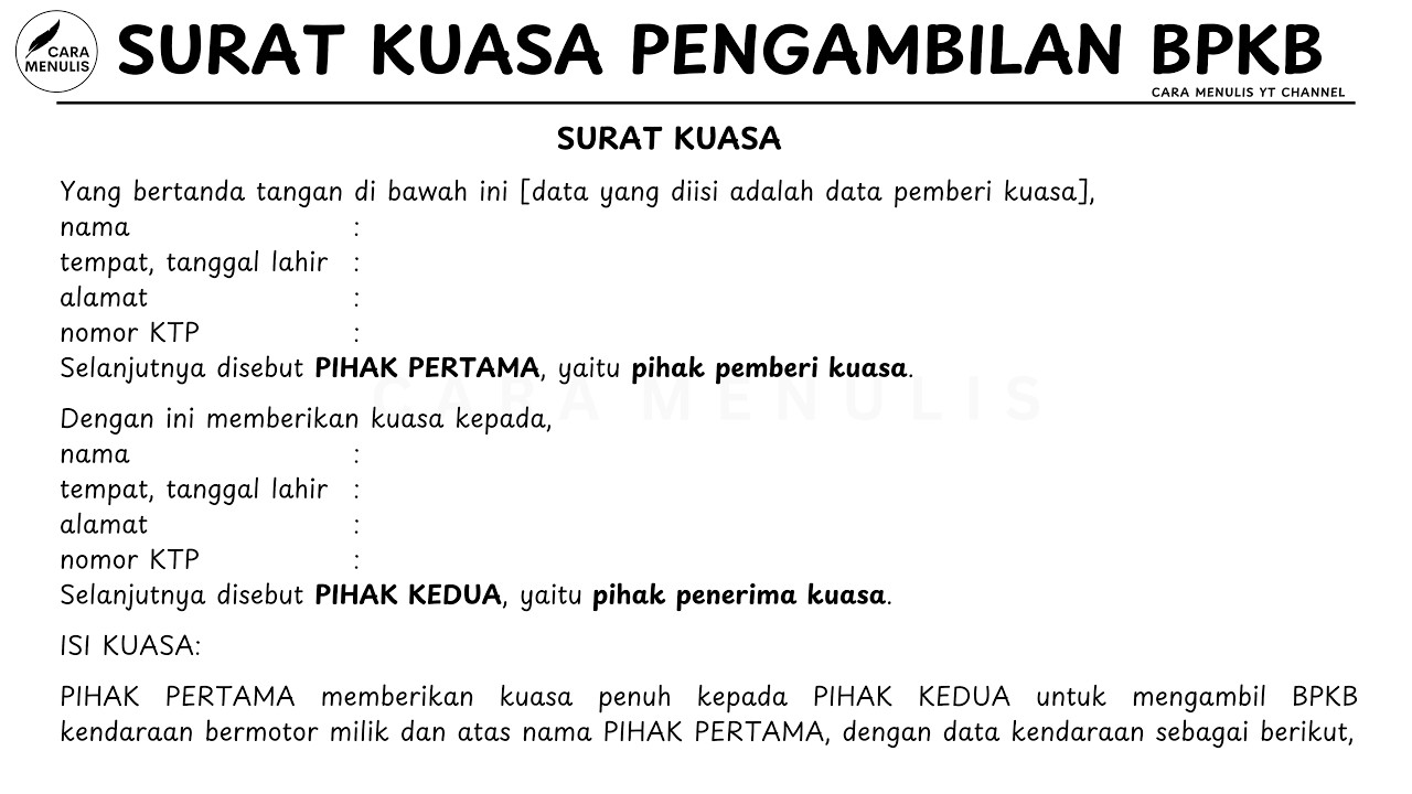 CARA MENULIS SURAT KUASA PENGAMBILAN BPKB BERMATERAI
