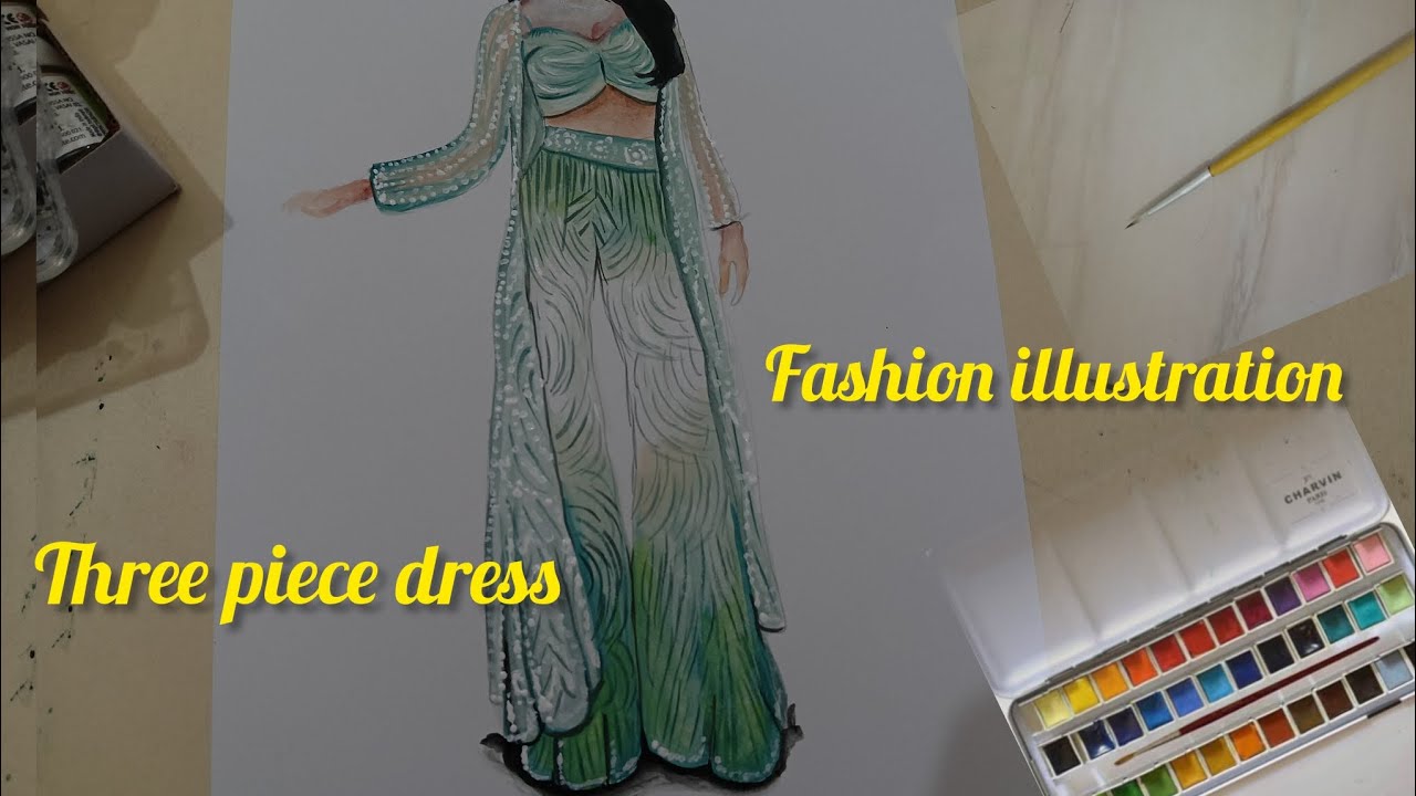 Fashion illustration outfit three piece dress paint