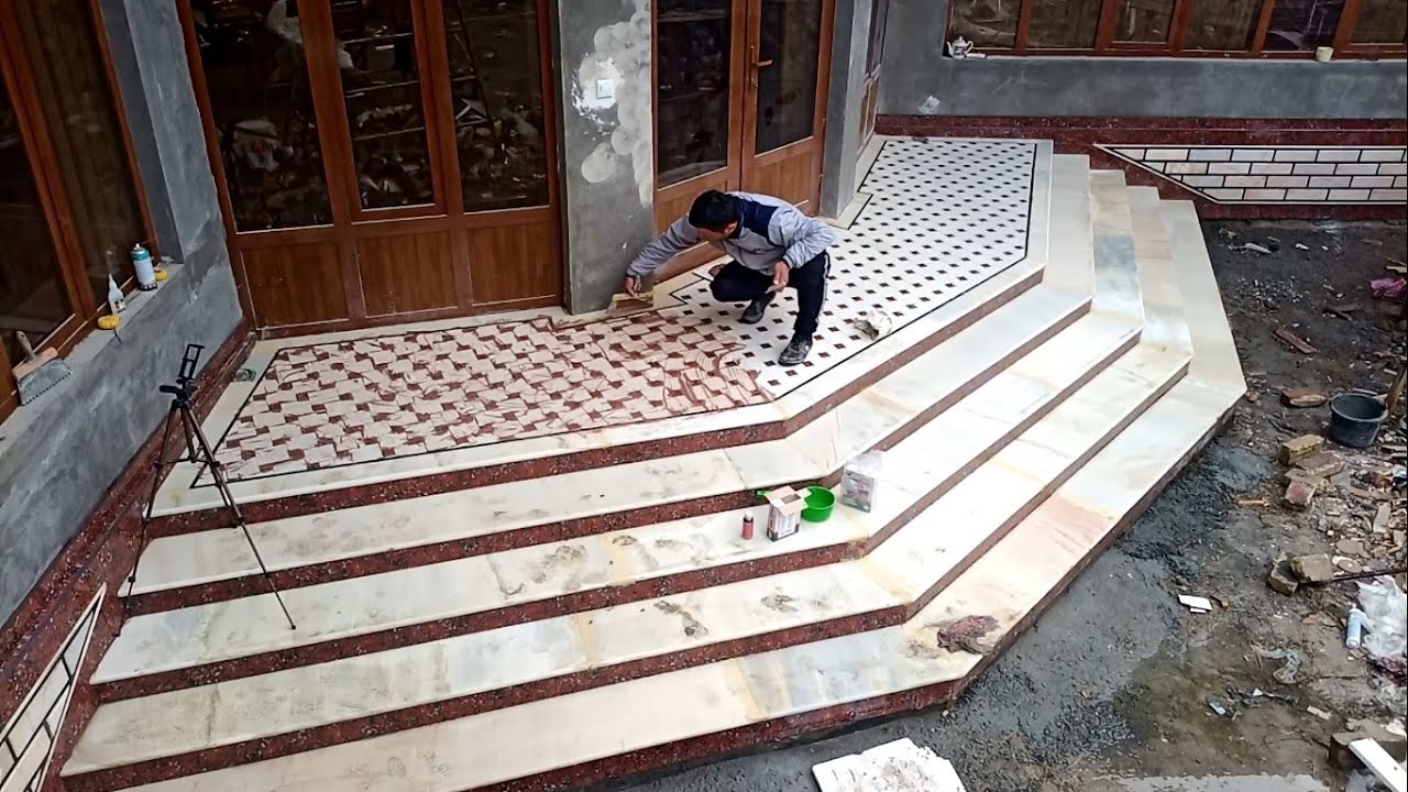 Installation of stairs made of marble and porcelain stoneware.it looked amazing