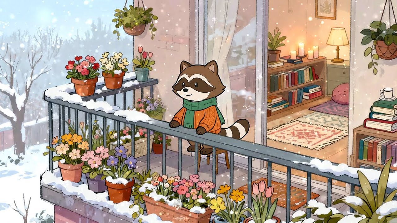 ❄️ Raccoon Winter Balcony with Flowers 🌸 Soft Lofi Beats, Warm Light & Quiet Moments | Relax & Focus