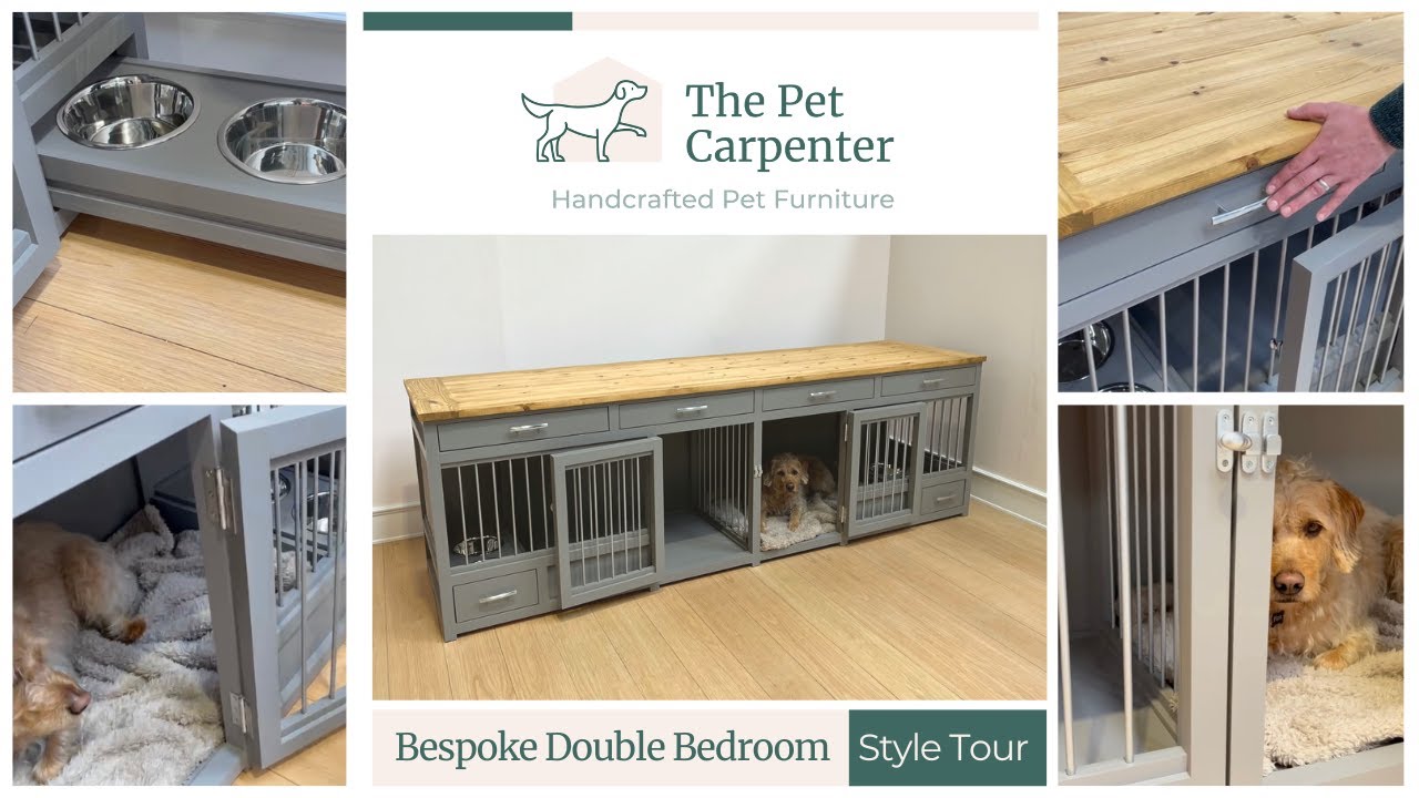Bespoke double dog crate furniture with integrated feeding drawers