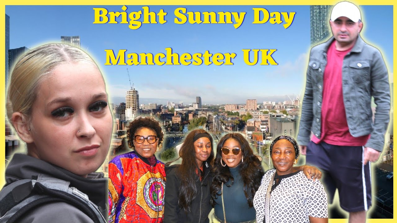 Manchester UK Bright Sunny Day City Centre Walk 4K. Fun And Entertainment.