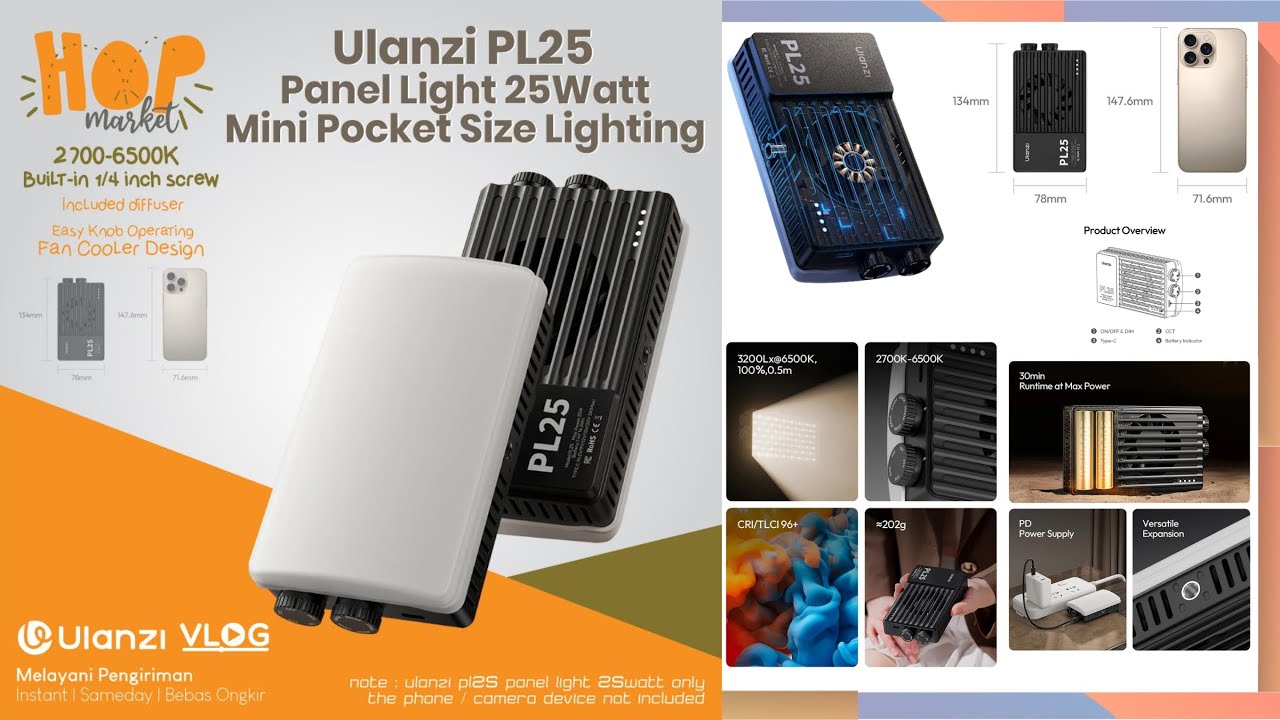 ULANZI PL25 Video Light 25W Fan-Cooled Lampu Pocket LED Portable for Travel Vlog Outdoor/ Indoor
