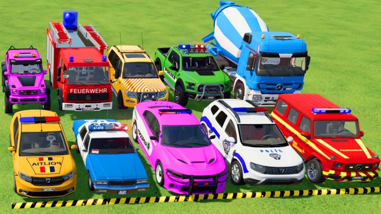 TRANSPORTING POLICE CARS, AMBULANCE, FIRE TRUCK, COLORFUL CARS WITH TRUCK -FARMING SIMULATOR 22!