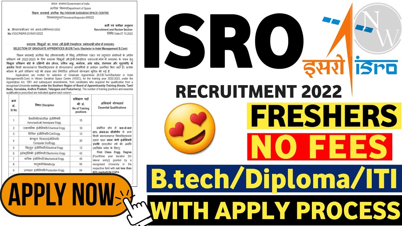 ISRO Recruitment 2022 | Fresher |All India | B.tech/Diploma/ITI | ISRO Jobs 2022 | ISRO Vacancy 2022