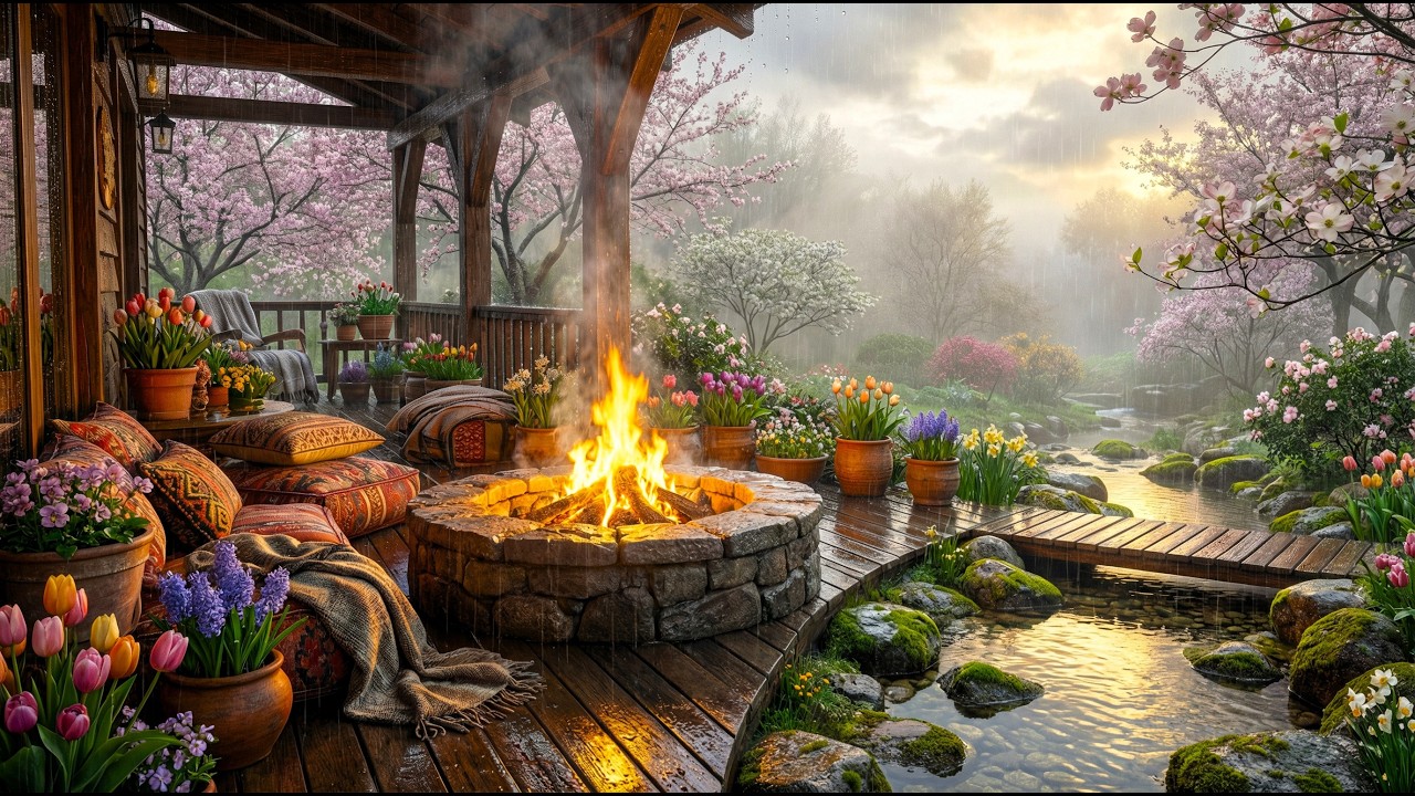 Cozy Veranda Campfire and Gentle Rain 🔥 4K NO ADS | Relaxing Rain Sounds 🌧️ Zen 💤