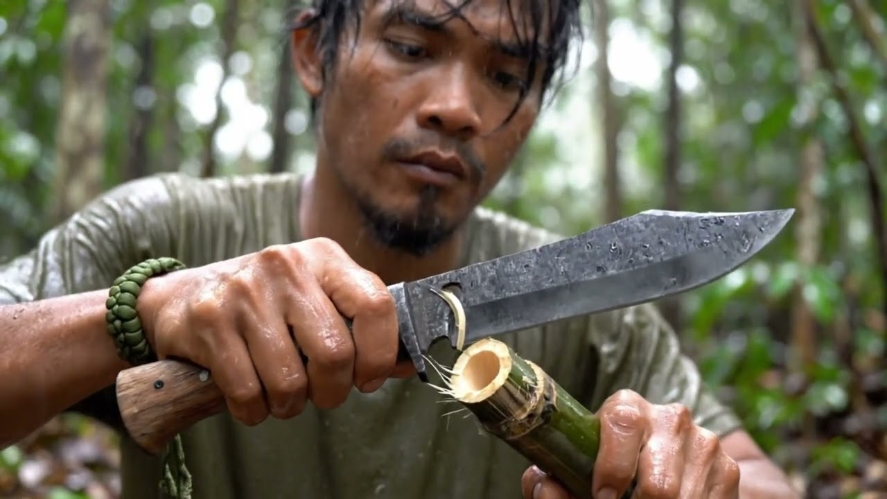 Minimal Bamboo Shelter in the Rain | Forest Survival