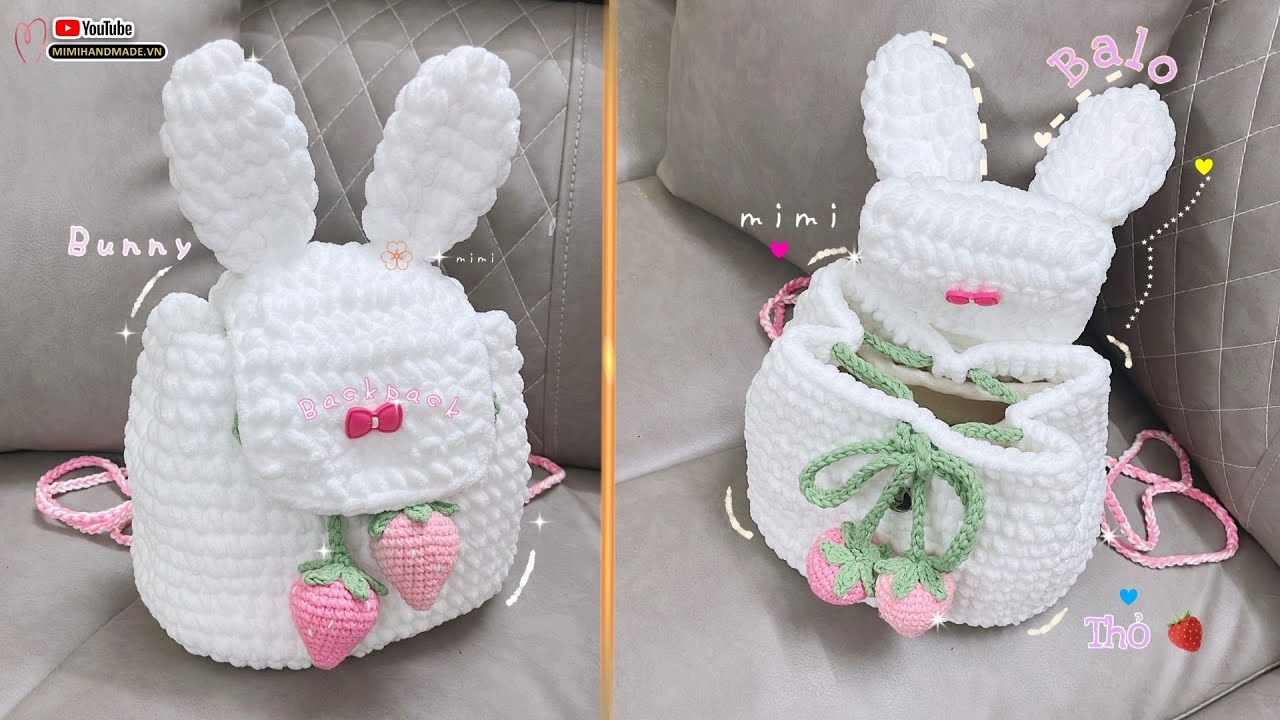 Crochet Bunny Backpack Tutorial 🎒 Móc Balo Thỏ Dâu Tây Xinh Yêu | Mimi Handmade