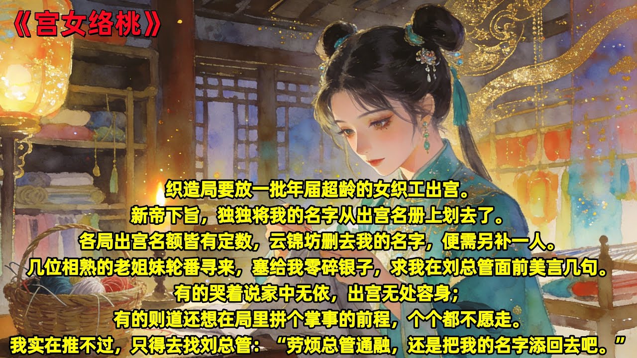 织造局要放一批年届超龄的女织工出宫。新帝下旨，独独将我的名字从出宫名册上划去了。各局出宫名额皆有定数，云锦坊删去我的名字，便需另补一人。#全文已完结#一更到底#古言#小说#大女主