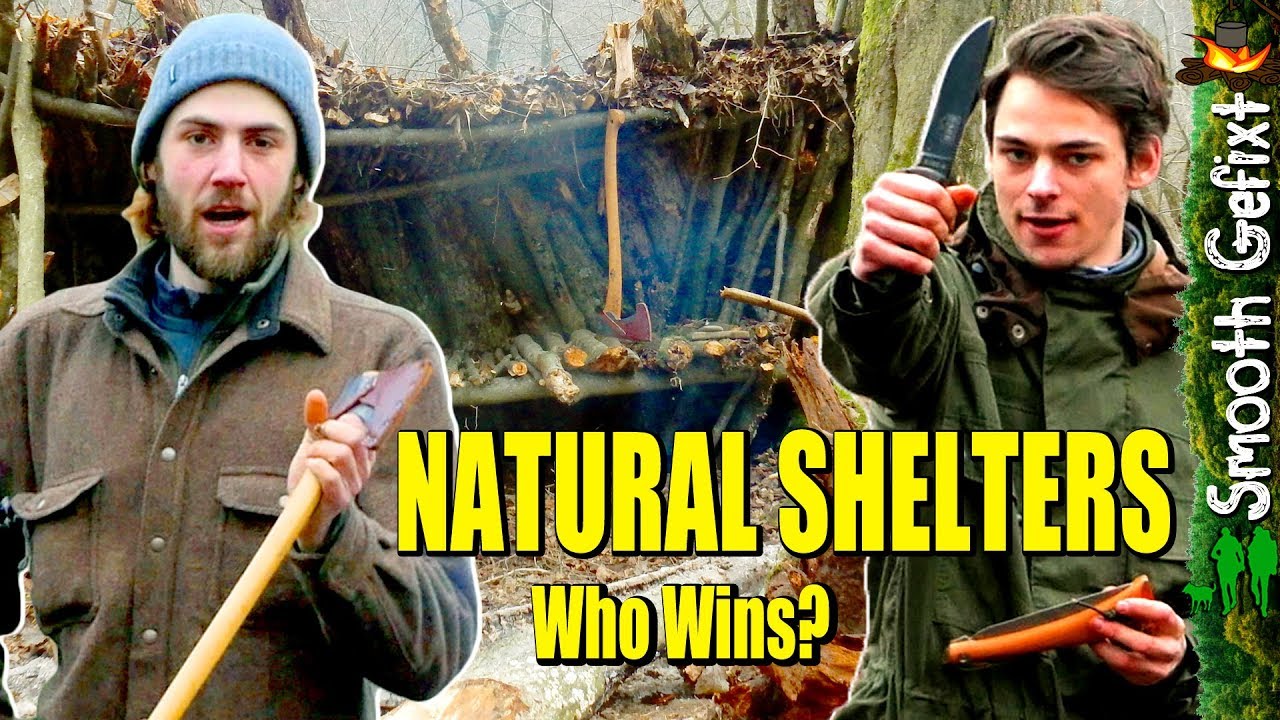 Head-to-head Natural SHELTER BATTLE Overnight - Axe & pocketknife VS survival knife & saw