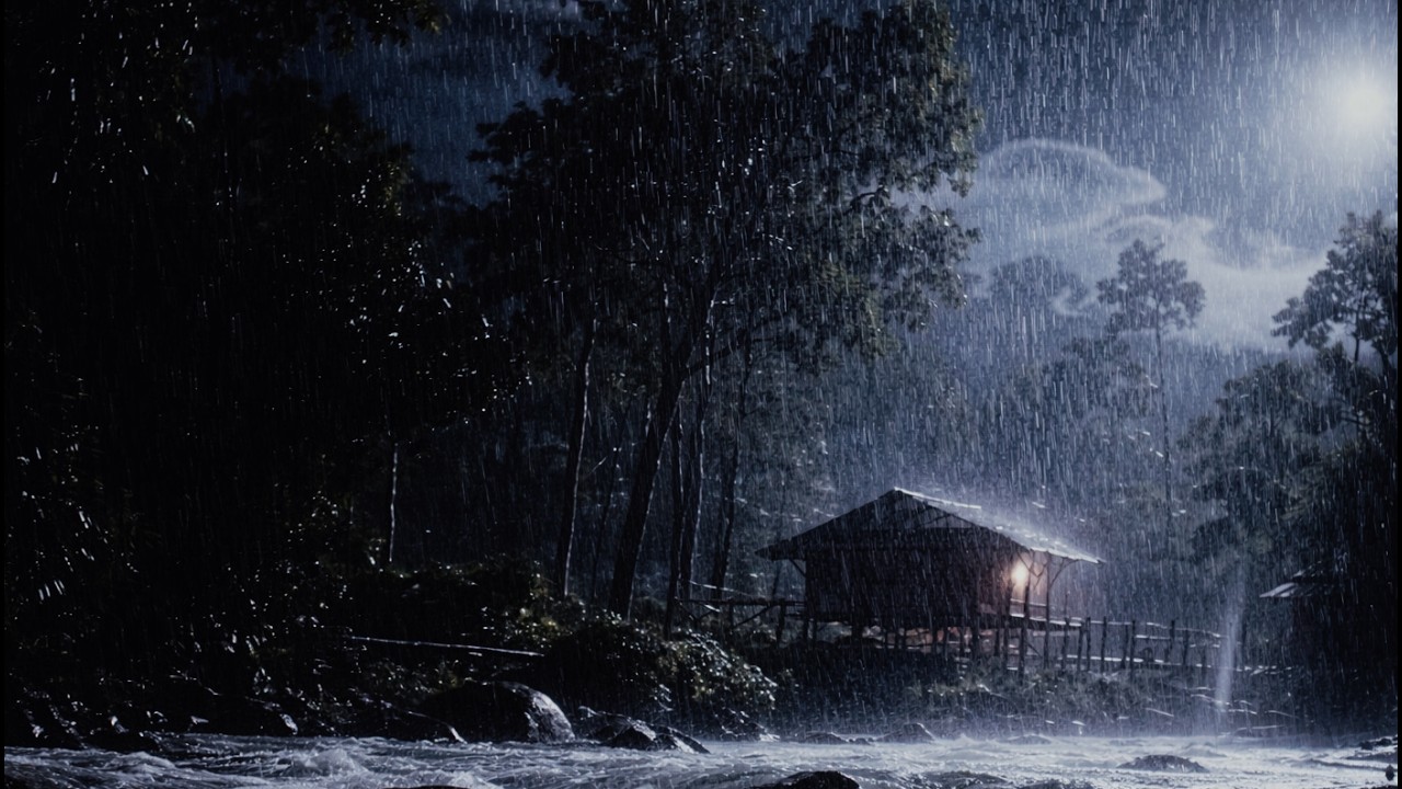 Heavy Rain & River Sounds at Forest Cabin – Deep Sleep ASMR Night Ambience