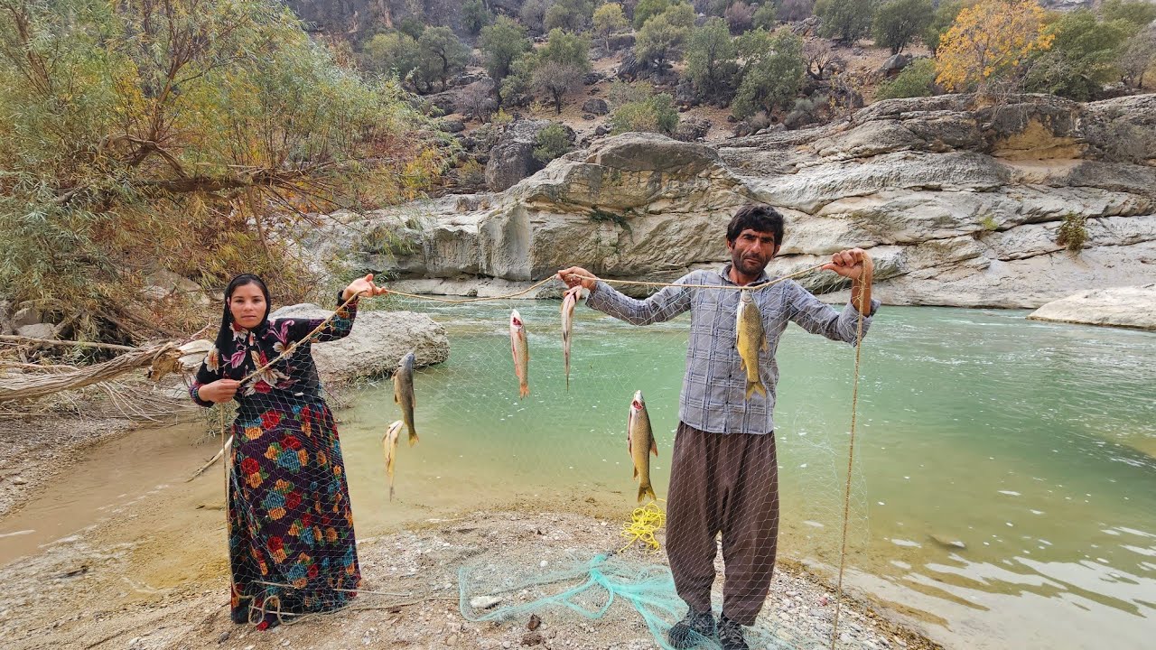 Fishing in the roaring river by a nomadic couple 🎣🌊❤️