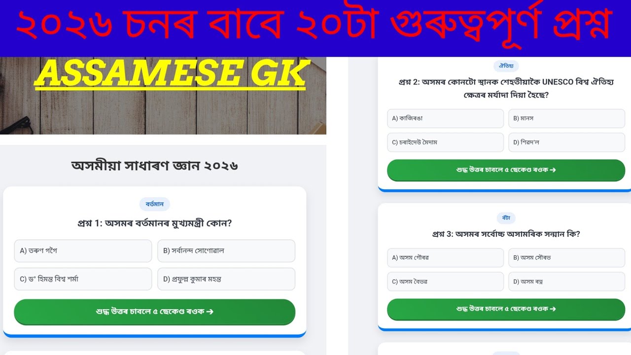Assam GK 2026: ২০টা অতি গুৰুত্বপূৰ্ণ প্ৰশ্ন| Top 20 General Knowledge for APSC, Assam Police & Exams