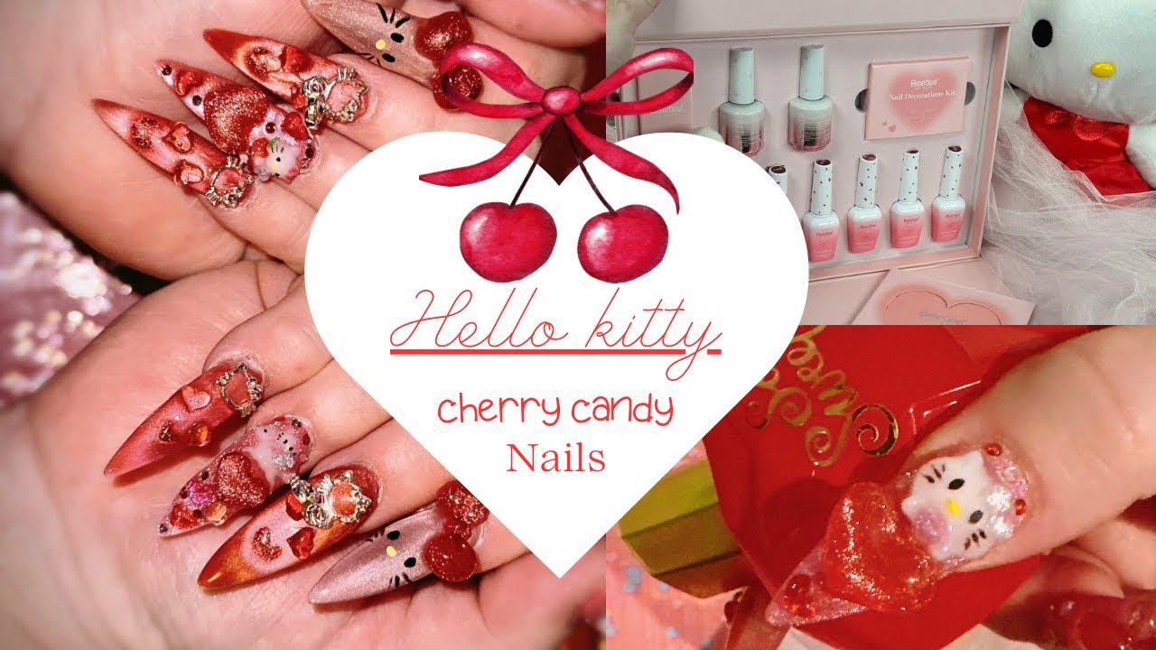 Hello Kitty Cherry Heart Valentine’s Nails ❤️ 3D Nail Tutorial | Beetles Cat Eye Gel