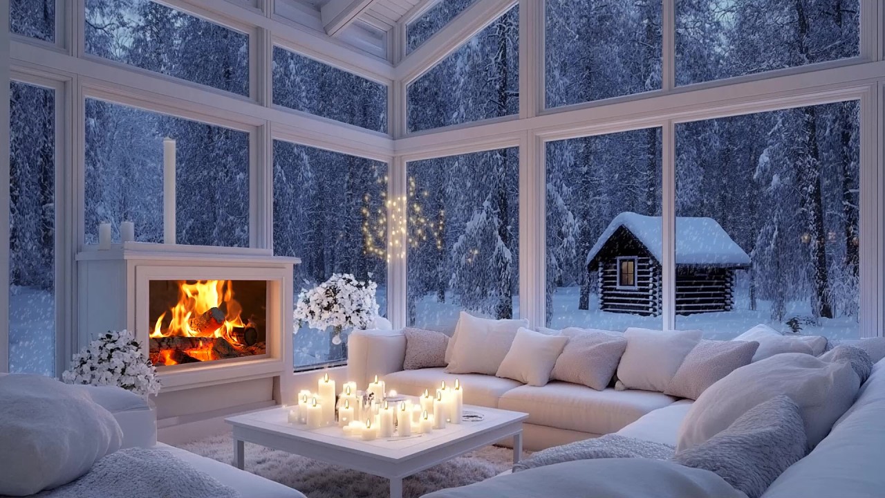 ❄️🎹 Calm Winter Piano Lounge Retreat | Snowfall, Fire Glow & Flowers | Study Relax Meditation