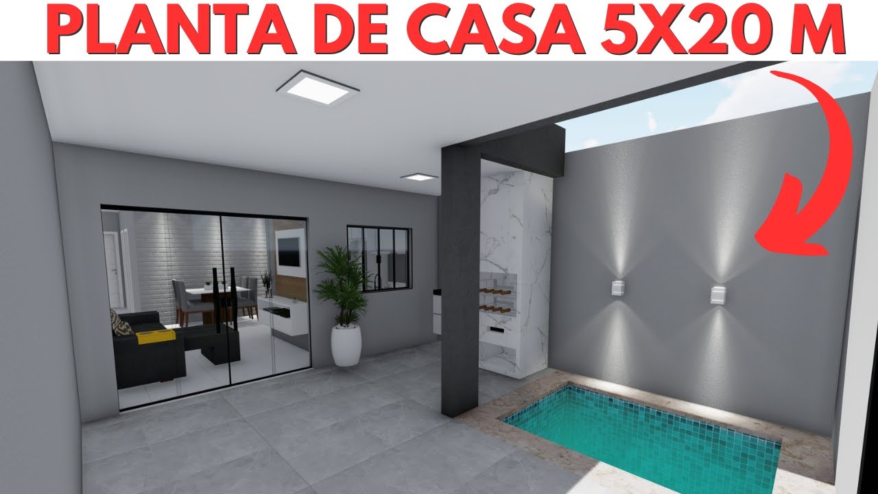 PLANTA DE CASA 5X20 METROS 2 QUARTOS E PISCINA |HOUSEPLANT | FLOORPLAN