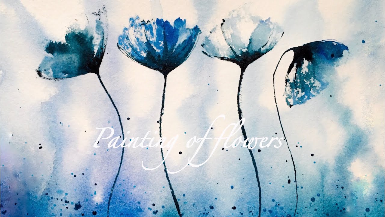 blue painting of flowers . with water splash technique . watercolor painting